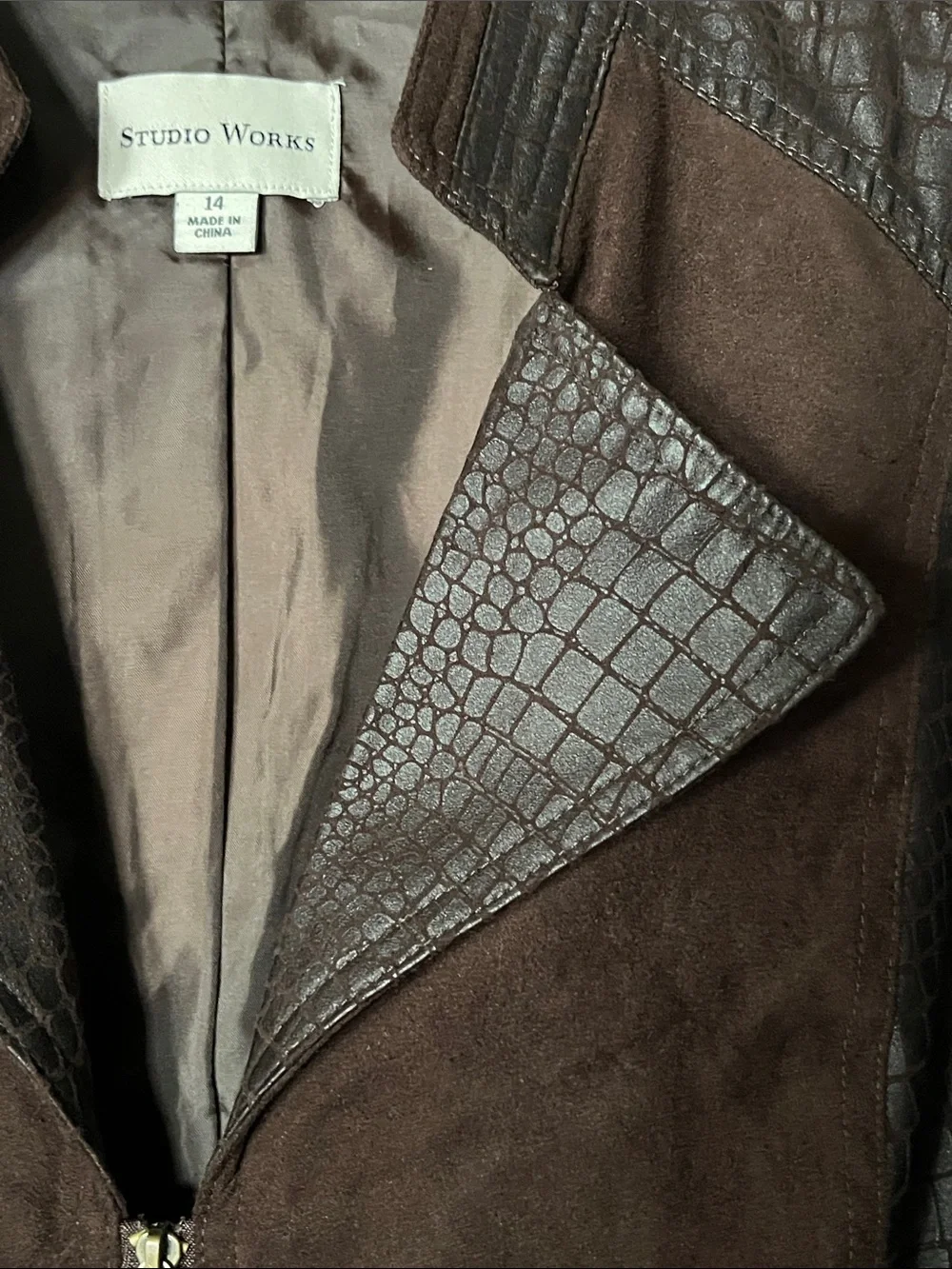 Faux Suede Light Jacket, Chocolate Brown zippered, Studio Works size 14
